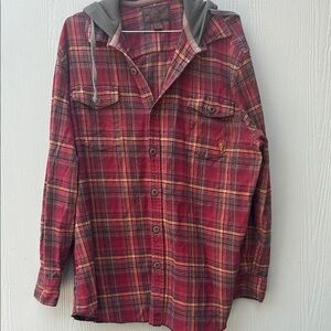 Red Plaid Men's Shirt with Hood